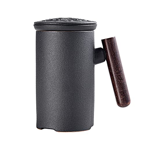 Huachaoxiang Keramik Teetasse Mit Deckel Und Sieb, Holzgriff Sieb Teetassen,Becher Aus Porzellan Für Losen Tee Oder Beutel,Schwarz Cover