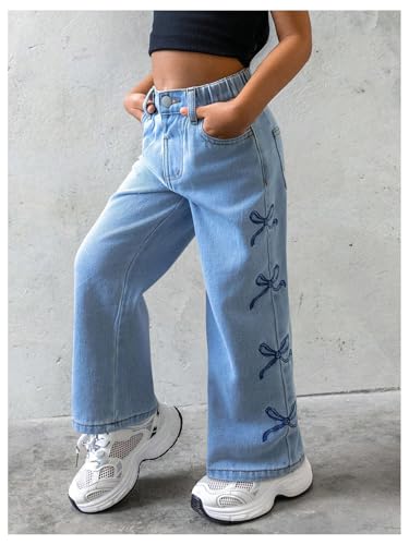 WDIRARA Toddler Girl's Bow Print Wide Leg Jeans Elastic Waist Cute Denim Pants3