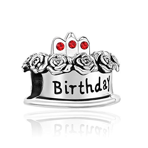 Image of Birthstones Happy Birthday Cake Charms Compatible with Pandora Charms Moments Bracelets Candle Crown Celebration Beads