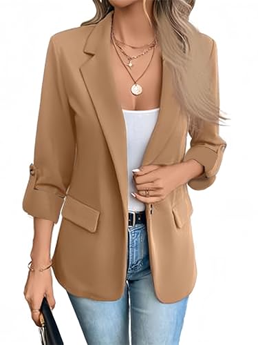 Women Blazers 3/4 Roll Sleeve Lapel Blazer Jacket Button Down Open Front Coat Casual Business Jackets with Pockets2