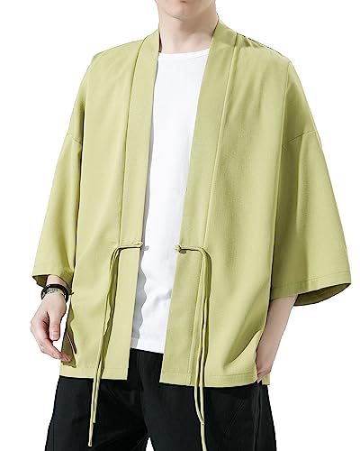 Image of Mens Kimono Cardigan Cotton Linen Japanese Shirt 3 /4 Sleeve Haori Yukata | Skin-Friendly Solid Color Lightweight Shawl Collar Kimono Robe Embroidery Button Tie Pockets Happi Coat All Season Daily Wear