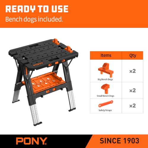 Image of Pony Portable Folding Work Table, Workbench & Sawhorse | 2-in-1 Design, 31 inchx25 inchx25 inch-35 inch Height Adjustable, Heavy Duty, 4 Bench Dogs, for Woodworkers & DIYers