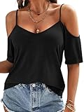Eachyes Womens Summer Cold Shoulder Tops Low Back Short Sleeve V Neck T Shirts Sexy Casual B Black Large