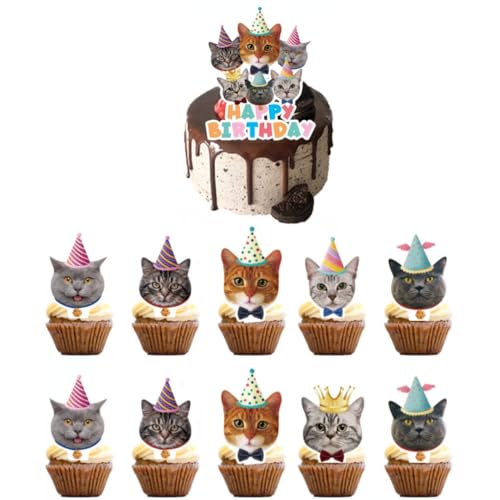 Topper de Gâteau,Chaton de Dessin Animé Cupcake Toppers Drapeau des Cure-Dents 25 Pièces Décorations de Gâteau d'anniversaire pour Les Enfants Anniversaire Bébé Douche Fête de d'anniversaire Mariage
