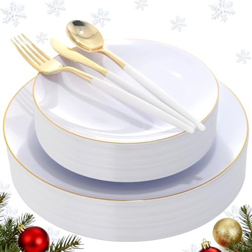 DaYammi 30 Guests Gold Plastic Plates with Disposable Silverware,Gold Cutlery with White Handle,White Disposable Dinnerware:60 Dinner/Dessert Plates,90 Plastic Silverware Set for Christmas Party