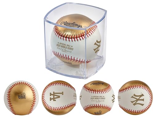 Le caratteristiche includono: timbro centrale Classic World Series con firma del commissario, logo delle World Series 2024, loghi Los Angeles Dodgers e New York Yankees e classiche cuciture rosse Rawlings