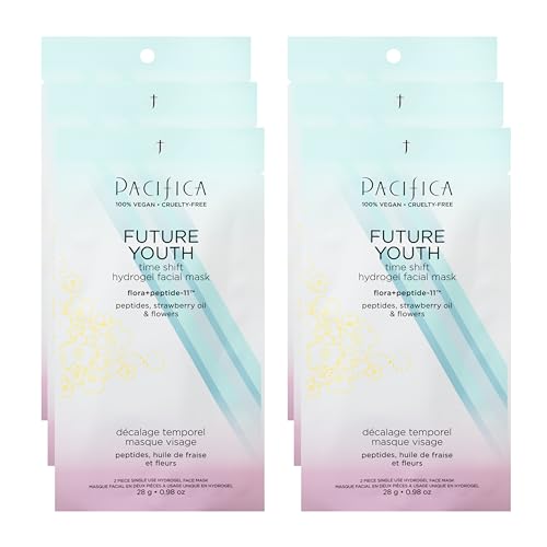 Pacifica Future Youth Time Shift Hydrogel Facial Mask - 6-PACK - Multi-Peptide Anti-Aging Sheet Mask for Firming & Plumping Ultra-Hydrating Serum-Infused Mask for Face & Neck 100% Vegan