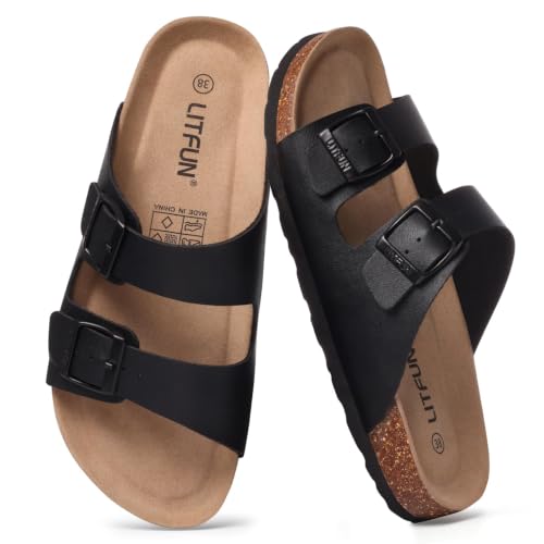 Image of Litfun Unisex Cork Footbed Sandals Summer Slip On Slides for Women Men