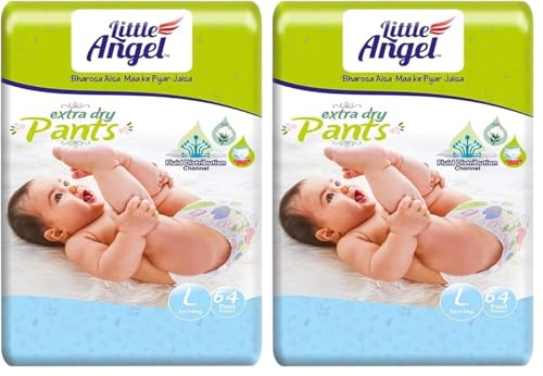 Image of Little Angel Extra Dry Baby Pants Diaper, Large (L) Size, 64 Count, Super Absorbent Core Up to 12 Hrs Protection & Wetness Indicator, Pack of 2, 8-14kg