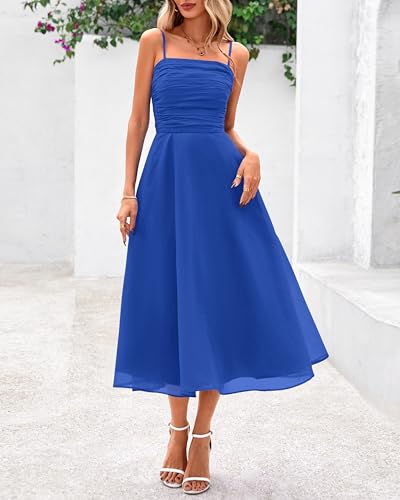 Image of PRETTYGARDEN Womens Summer Dresses 2025 Spaghetti Strap Sleeveless Smocked Flowy Midi Wedding Guest Dress with Pockets