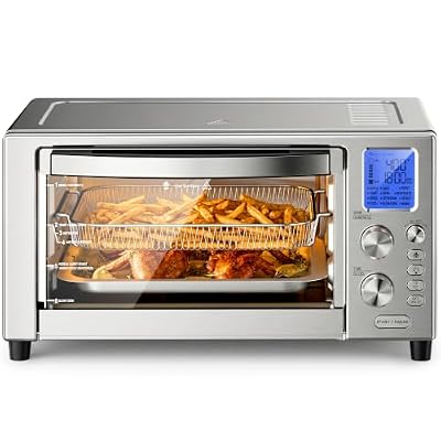 Kismile 12-in-1 Air Fryer Toaster Oven Combo, 23QT Convection Oven Countertop, 120-450℉, 360° Turbo Convection, Bake, Roast, Broil, Dehydrate & Warm, Includes Full Accessories, Stainless Steel