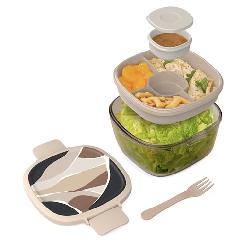 Bentgo Glass Prints Salad Container - 7.6-Cup Tinted Glass Salad Bowl with Airtight Lid, Leak-Proof Sauce Container, 4-Compartment Bento Meal Prep Tray & Reusable Fork (Inky Abstract - Neutrals)