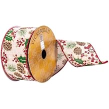 Vickerman 2.5" x 10 yd Cream Pinecone and Holly Berry Ribbon, Seasonal Christmas Ribbon for Gift Wrapping, Tree Decor