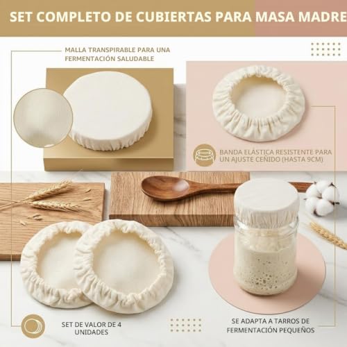 Miniatura 4 de Kahzor 4 Piezas Tapas De Tela Para Masa Madre, Cubiertas Elásticas Reutilizables De Algodón Para Fermentación De Masa Madre En Tarros De 10 Cm, Ideal Para Preparación De Pan Y Repostería