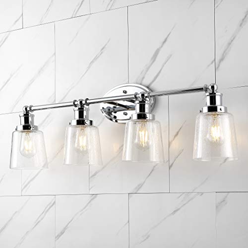 Image of JONATHAN Y 31.75 inch Chrome 4-Light LED Vanity Light, Farmhouse Wall Sconce for Bathroom Mirror, Clear Seeded Glass Shade, Rustic Iron Fixture for Kitchen Hallway, LED Bulb Included (JYL7533A)