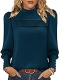 KISSMODA Womens Puff Long Sleeve Mock Neck Blouses Pleated Front Shirts Basic Trendy Dressy Tunic Tops Solid Color Fall Outfits with Button Cuff Blue