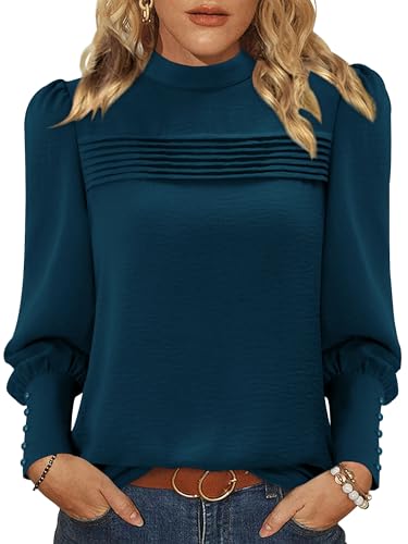 KISSMODA Womens Puff Long Sleeve Mock Neck Blouses Pleated Front Shirts Basic Trendy Dressy Tunic Tops Solid Color Fall Outfits with Button Cuff Blue