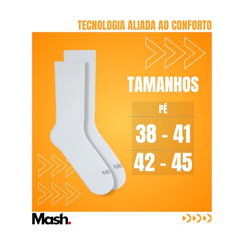 MASH Kit 3 Pares Meias Cano Alto Esportiva Longa Algodão Active Masculina Adulto, 3 Branco, 38-41