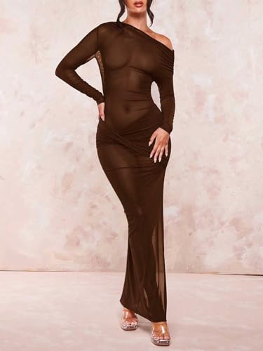 Image of Floerns Women's Asymmetrical Neck Sheer Mesh Long Sleeve Evening Bodycon Maxi Dress