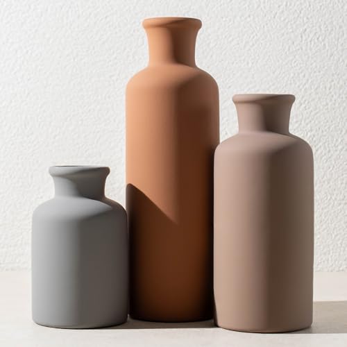 Ceramic Vase Set of 3, Modern Neutral Home Decor, Terracotta Rustic Farmhouse Decorative Vases for Bouquet Pampas Grass Dried Flowers | Table Centerpiece Entryway Mantel Shelf(Coffee Mix Set - Gray#2)