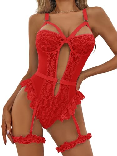 NLAND Conjunto de Lencería para Mujer Ropa Interior con Liguero Body de Encaje Bodysuit con Sujetador Push Up y 2 Anillos en Los Muslos(Rojo,Talla única)