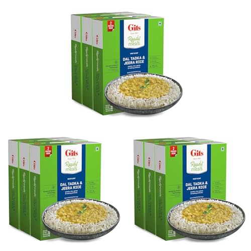 Image of Gits Ready to Eat Jeera Rice + Dal Tadka Combo Indian Meal, Pure Veg Heat and Eat, 1125g (Pack of 9 X 375g Each)
