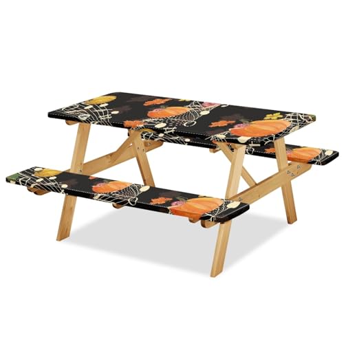 JOAIFO Pumpkin Maple Leaf Music Print Dining Table Bench Cover Camping Table Cover with Seat Covers Fall Theme Rectangle Tablecloths Fitted Picnic Table Cover