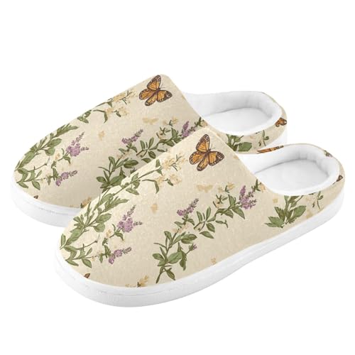 JUNZAN Retro Butterflies Herbs Beige Mens Home Cotton Slipper Breathable Memory Foam Indoor Slippers for Spa Funny Presents 6-74