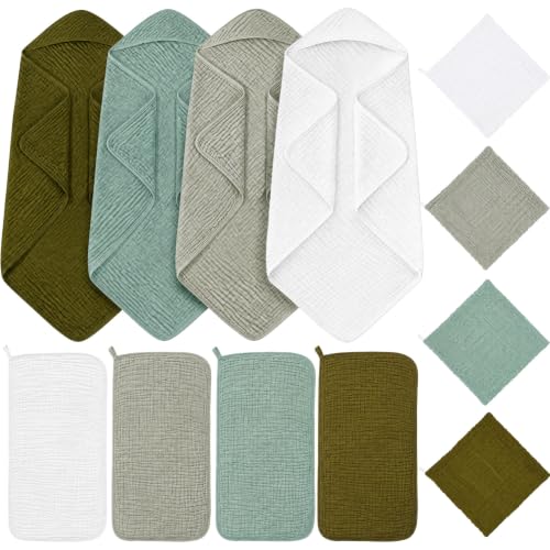 Image of Breling 12 Pcs Muslin Hooded Baby Bath Towel Set, Green Series