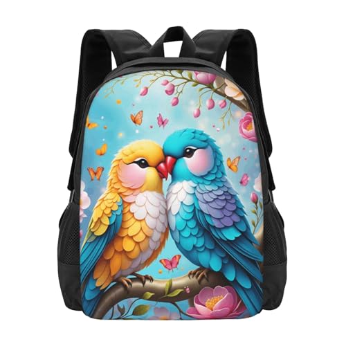 Mochila con estampado de loro azul y flores de 16,5 pulgadas para portátil y viaje unisex
