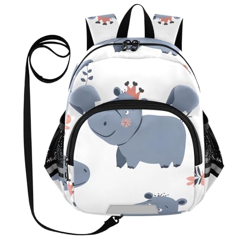 Kid's Backpack for Boys & Girls Toddler Bag Cartoon Animals Seamless Hippo Backpack with Safety Leash
