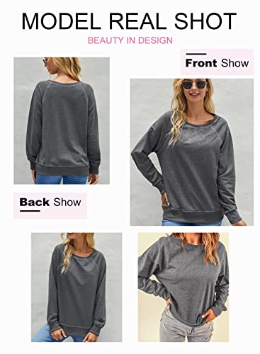 Dokotoo Womens Winter Ladies Loose Fit Crewneck Ribbed Raglan Long Sleeve Casual Solid Tops Blouses Fashion T-Shirts Sporty Thin Pullovers Sweatshirt Gray Medium #TOP2