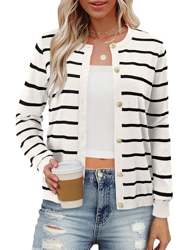 onlypuff Striped Cardigans for Women Old Money Sweaters Open Front Ladies Clothes Button Down Long Sleeve ApricotBlack M