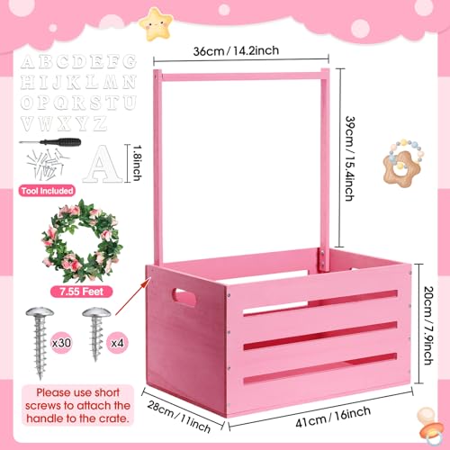 Image of Barydat Wooden Baby Crate Closet, Baby Basket with Handle and Garland Storage Hamper Shower Wooden Gift Crate Letters Self Adhesive for Pregnancy New Parent(Pink)