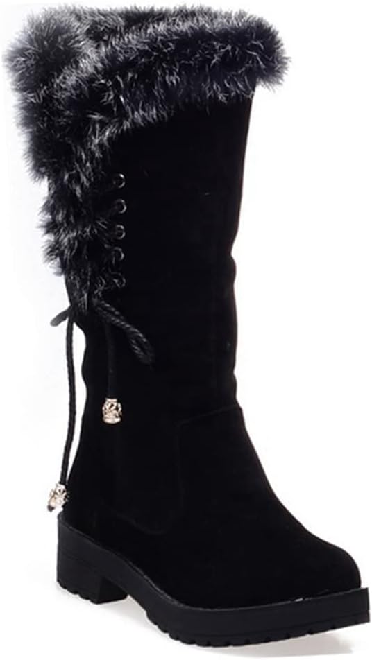 MIOKE Women's Winter Fur Mid Calf Snow Boots Waterproof Suede Buckle Slip On Platform Wide Warm Snow Boot