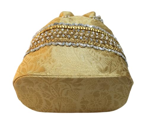 Image of MILAN'S CREATION Banarasi Silk Brocade Potli Bag Purse With Base Drawstring Women's handbag with Pearl Handle & Tassel Weddings