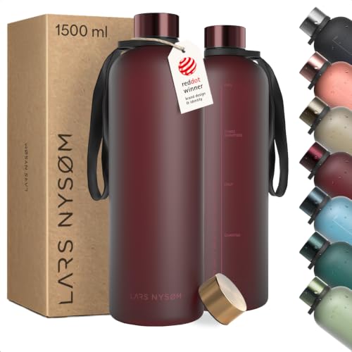 Image of LARS NYSOM Water Bottle 51oz | Drinking Bottle 1.5Liter | Ultralight Tritan Sports Flask leak-proof | Ideal for sports, office, yoga | 2 lids included (Berry Red, XL 50.7oz)