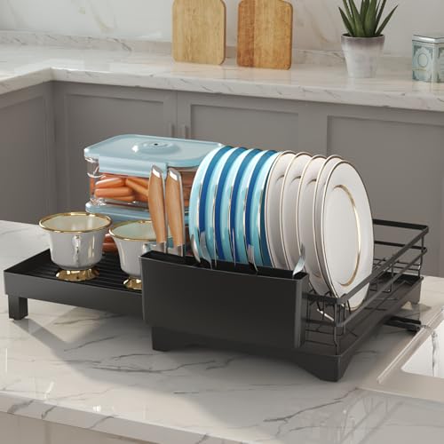 Dish Drying Rack, Expandable Dish Drainers for Kitchen Counter, Extendable Large Dish Strainer with Cutlery Holder, Plate Storage Racks Organizer Dish Dryer Drainer