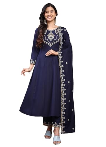 Ensemble Kurta Anarkali en soie brodée Pratham Blue avec pantalon chic