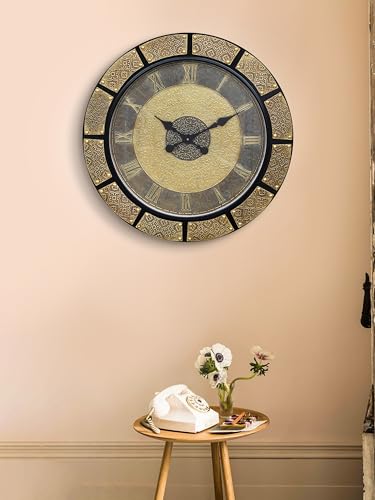 Image of CHRONIKLE Elegance Round Golden Brown Brass Work Wooden Analog Roman Numbers Wall Hanging Clock for Home Office Decor Living Room Bedroom (Size: 60 x 5 x 60 CM | Weight: 5540 Gram)