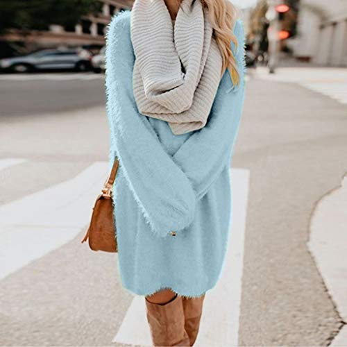 Youmymine Women Long Sleeve Sweater Knit Turtleneck Winter Warm Sweatshirt Loose Mini Casual Dress (M, Sky Blue-2) #TOP1