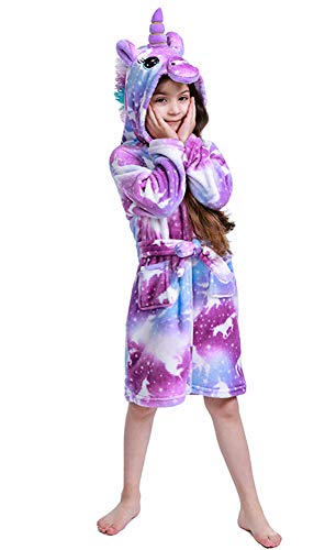 NewPlush Purple Unicorns Kids Bathrobe Flanne Sleepwear for Girls Soft Long Shower Robe (10-11 Years=Tag170)