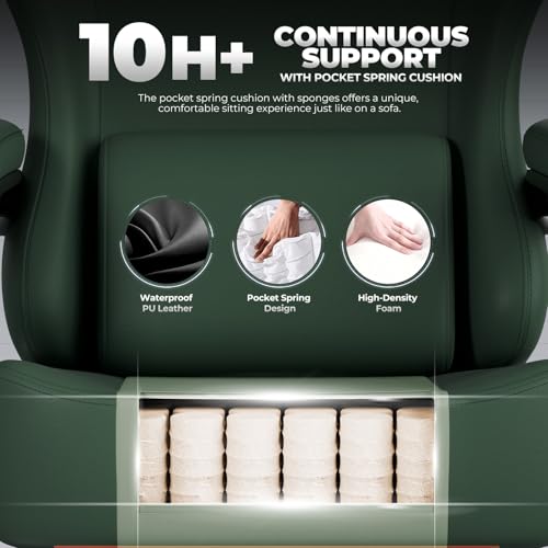 Image of GTPLAYER Gaming Chair with Pocket Spring Cushion, Big and Tall Gamings Chairs 350LBS High Back Computer Chair with Footrest for Adults Lumbar Support Swivel Game Chair for Office, Leather Green