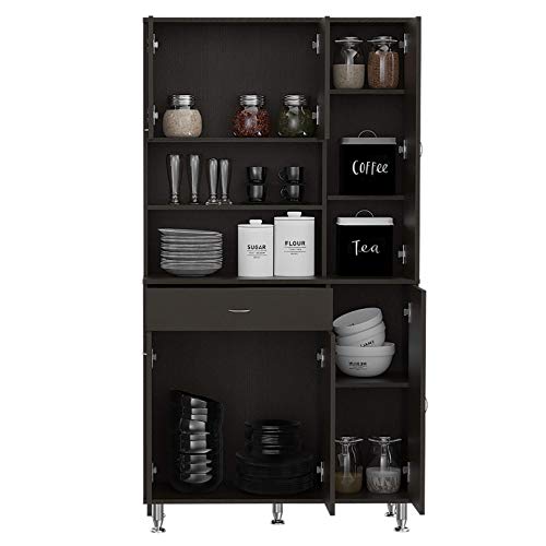 FM FURNITURE Venice 90 67-inch Tall Kitchen Pantry Cabinet with 2 Open Shelves, Cabinets and 1 Drawer, Black Wenge