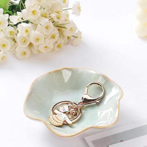 Image of 2PCS Lotus Leaf Shape Ring Holder Dish, Small Key Bowl, Ceramic Trinket Tray Jewelry Dish Organizing Necklace Earrings for Mom Friend Sister, All Jewelries Are NOT Included.Pink+Light Green.