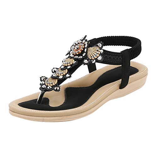 SHOBDW Chanclas Mujer Casual Punta Abierta Plana Cómodo Fondo Transpirable Banda Elástica Zapatos Sandalias De Verano Dedo Talla 43 Deportiva Vestir Calzado Barefoot Sandalia Dorada Comodas Negro 37