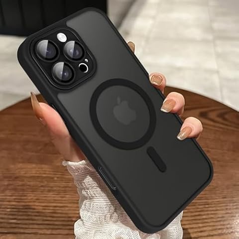 MOWIME Magnetic for iPhone 16 Pro Case, [Compatible with MagSafe] [Full Camera Protection] Shockproof Slim Translucent Matte Protective Case for iPhone 16 Pro, Black Cover