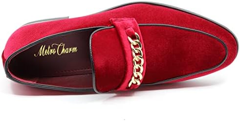 Metrocharm Men\'s Red Vintage Velvet Loafers Gold Chain Buckle Slip On Shoes Santimon Mens Velvet Penny Loafers Slip-on Metal Buckle  main image 4