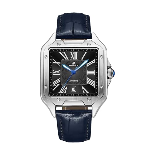 ASOROCK WATCHES Silver/Black - Navy Blue Strap Diplomat | 42 mm Automatic Homage Mens Watch | Vintage Square Tank Silhouette Watch