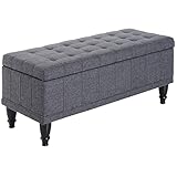 HOMCOM Storage Ottoman, Linen Fabric Button Tufted Storage Bench with Soft Close Lid for Living Room, Entryway or Bedroom, Dark Heather Grey